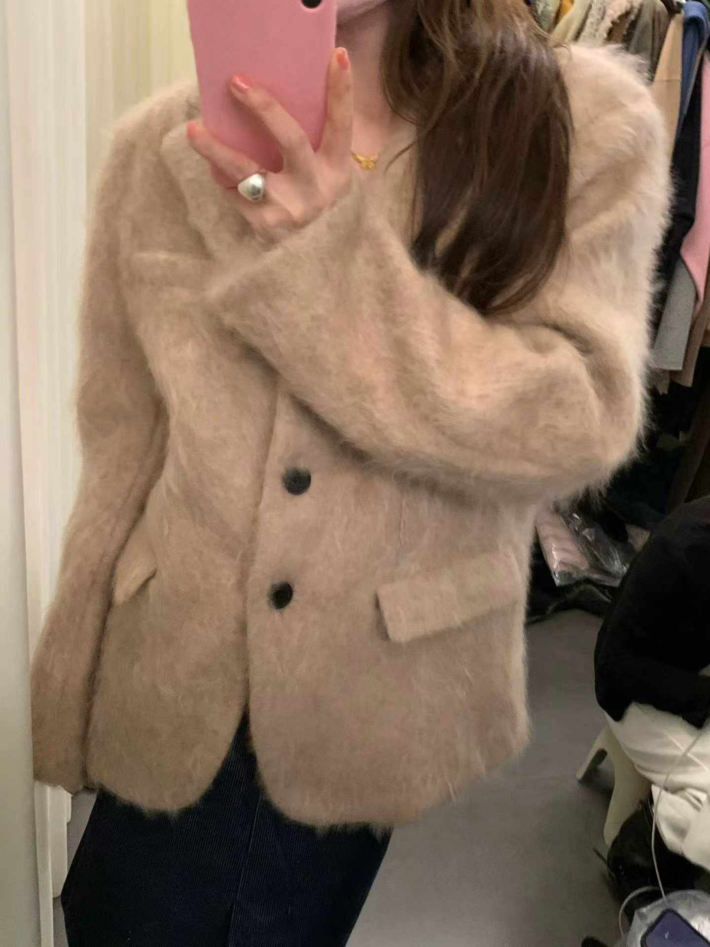 时髦御寒羊绒拉毛经典西装中长大衣宽松百搭羊毛呢外套女冬季新款