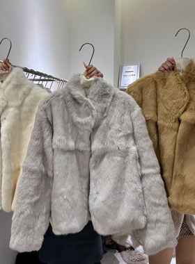 立领兔毛皮草外套