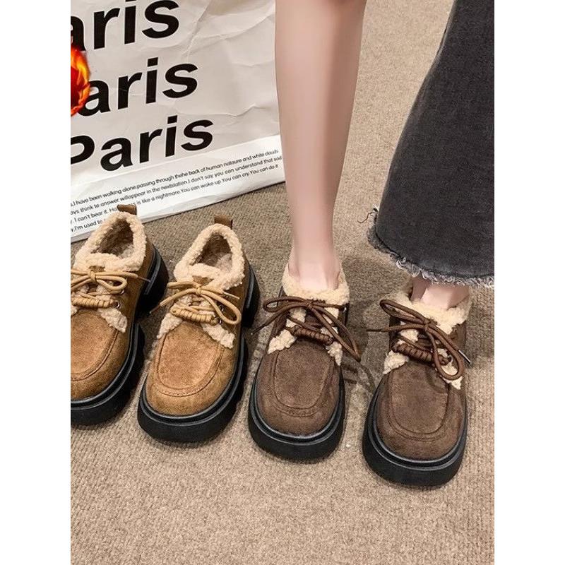 品牌撤柜真皮加绒乐福鞋秋冬女鞋保暖毛毛棉鞋时尚短靴厚底雪地靴