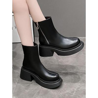 品牌撤柜真皮白色高跟长靴女冬皮带扣小个子增高长筒靴子显瘦骑士