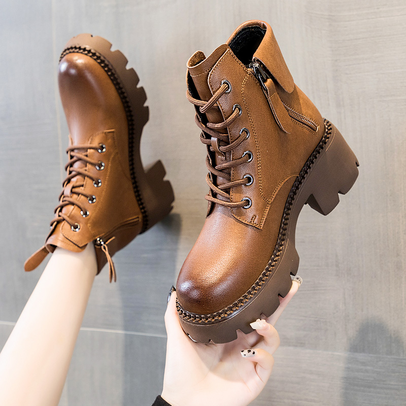 马丁靴加绒橡胶单靴增高中跟真皮