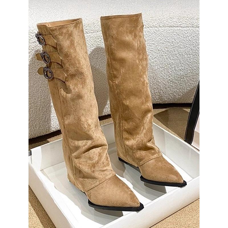 品牌撤柜真皮小个子不过膝高筒骑士靴女秋冬尖头坡跟增高长筒靴子