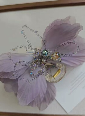 海家西子新品浪漫紫色薄纱蝴蝶结抓夹璀璨工艺水晶仙美高级鲨鱼夹