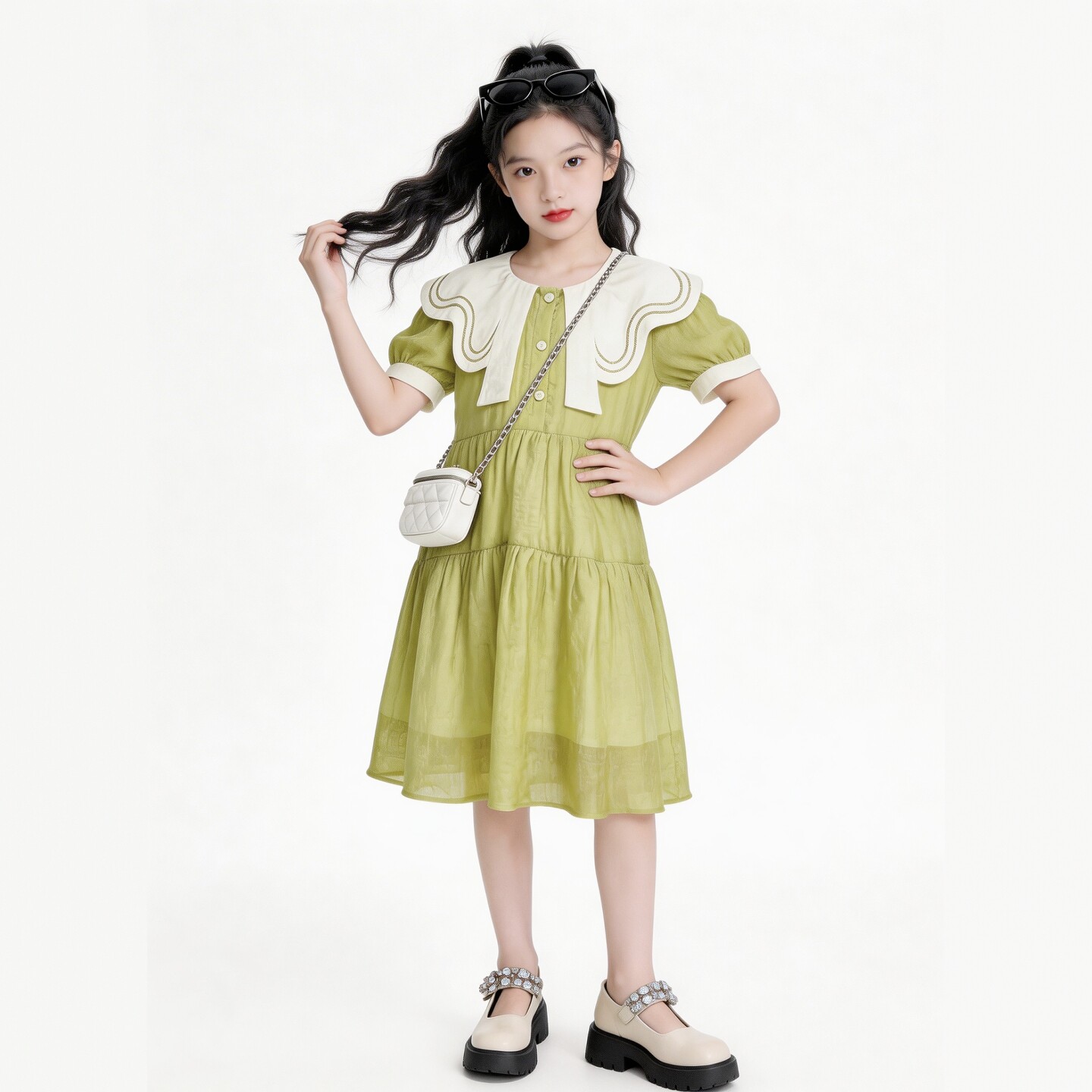 女童夏装甜美淑女风娃娃领连衣裙2026新款夏季泡泡袖收腰公主裙
