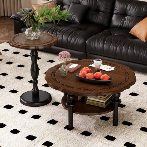 中古风茶几全实木复古茶几客厅沙发创意茶几小户型圆形小茶几
