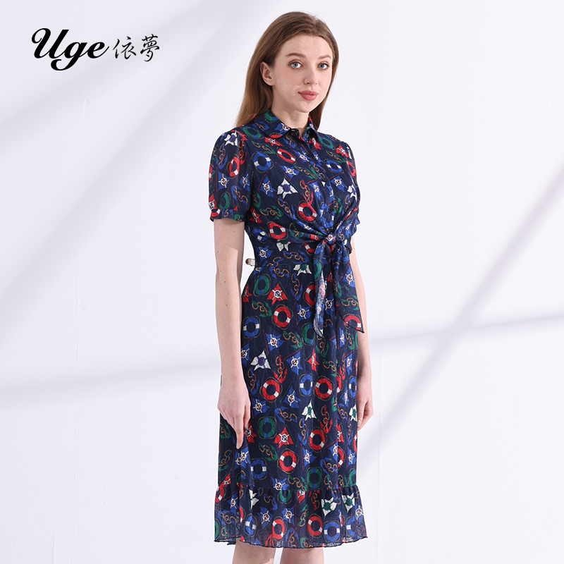 UGE/依梦夏季新款女装中年短袖花色裙子显瘦法式荷叶裙大码连衣裙