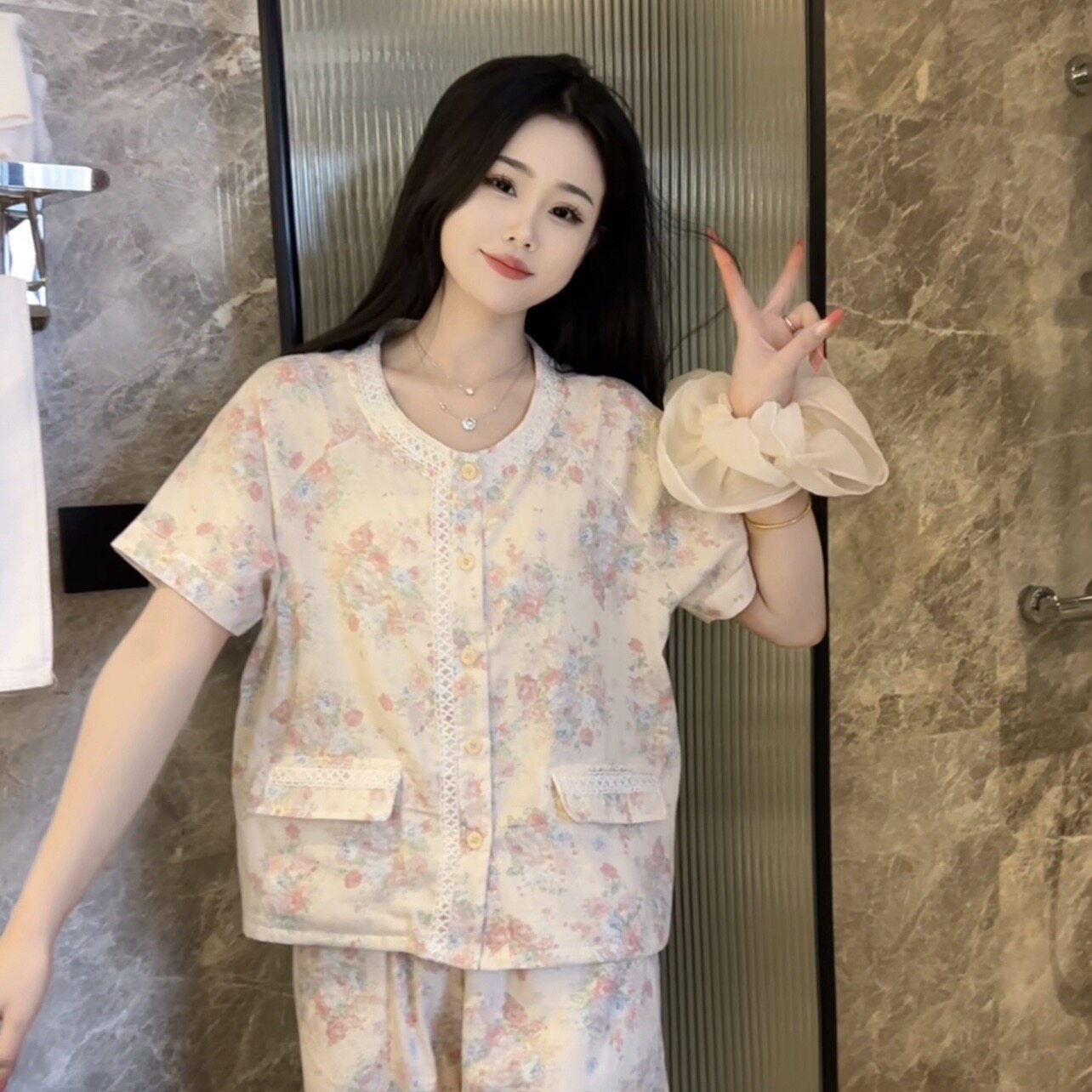 夏季纯棉温柔气质睡衣女短袖长裤家居服可外穿休闲显瘦碎花蕾丝