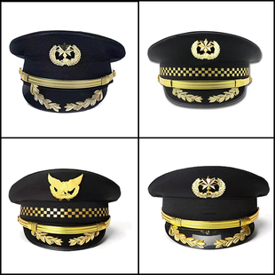 男式保安大檐帽子藏青黑色夏季透气大网眼帽物业平顶帽白色大沿帽