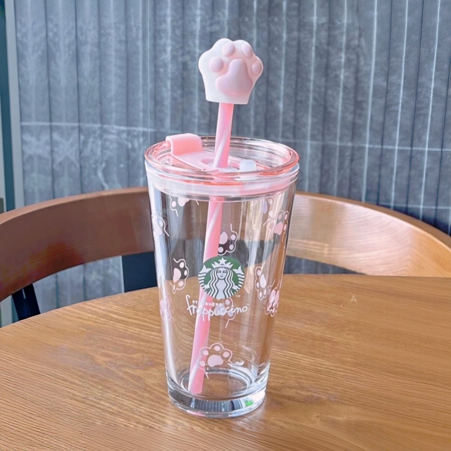 星巴克杯子清仓特价优惠简约高颜值可爱粉色猫爪双饮口玻璃吸管杯