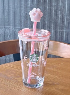 星巴克杯子清仓特价优惠简约高颜值可爱粉色猫爪双饮口玻璃吸管杯