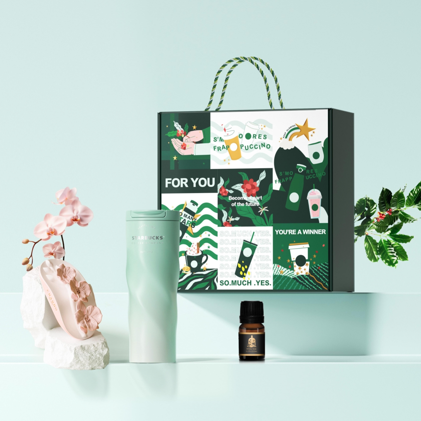 星巴克甄选创意礼盒套装绿色渐层款翻盖杯幽兰陶瓷扩香薰摆件礼物