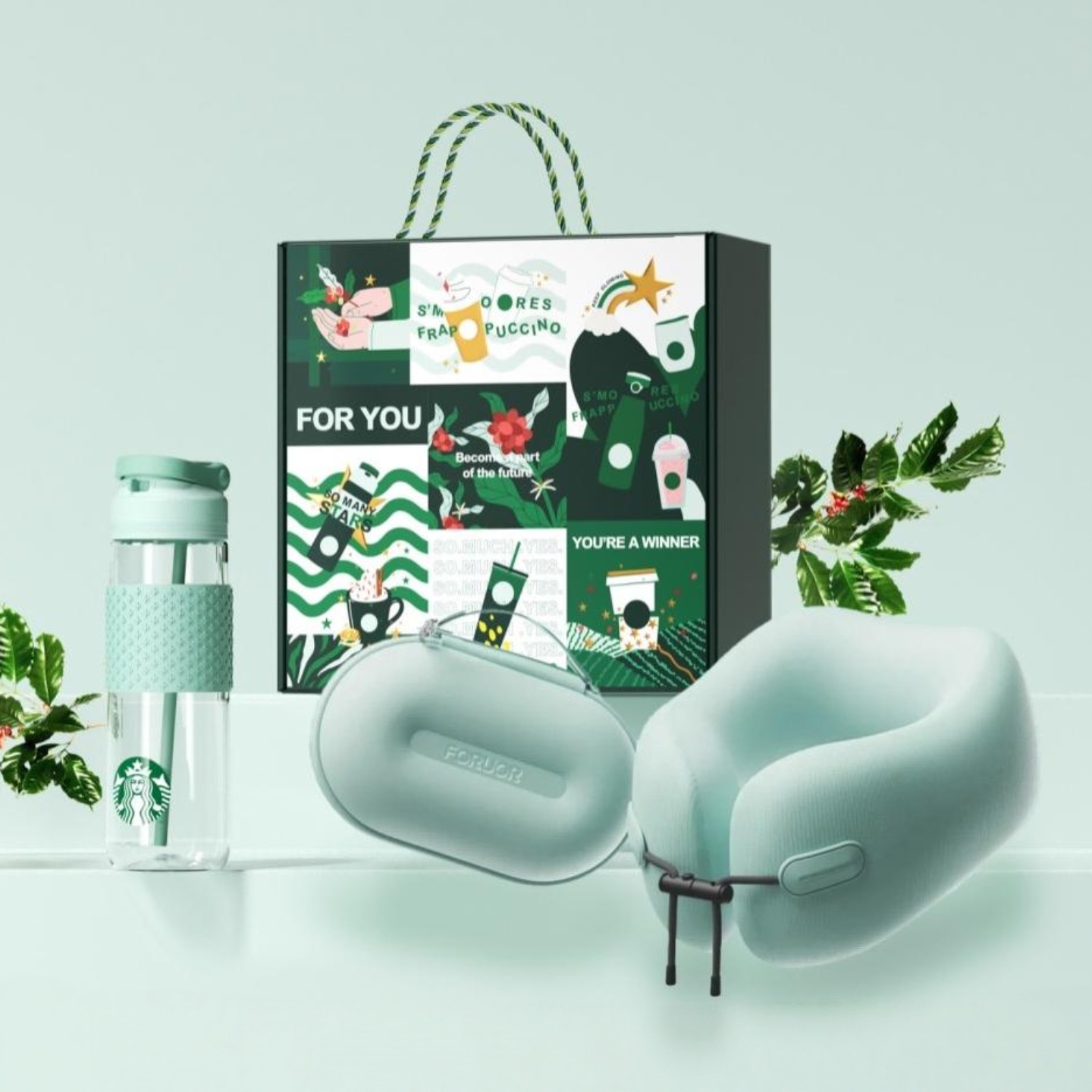 星巴克甄选创意礼盒套装薄荷绿运动杯旅行收纳颈枕组合送礼套装