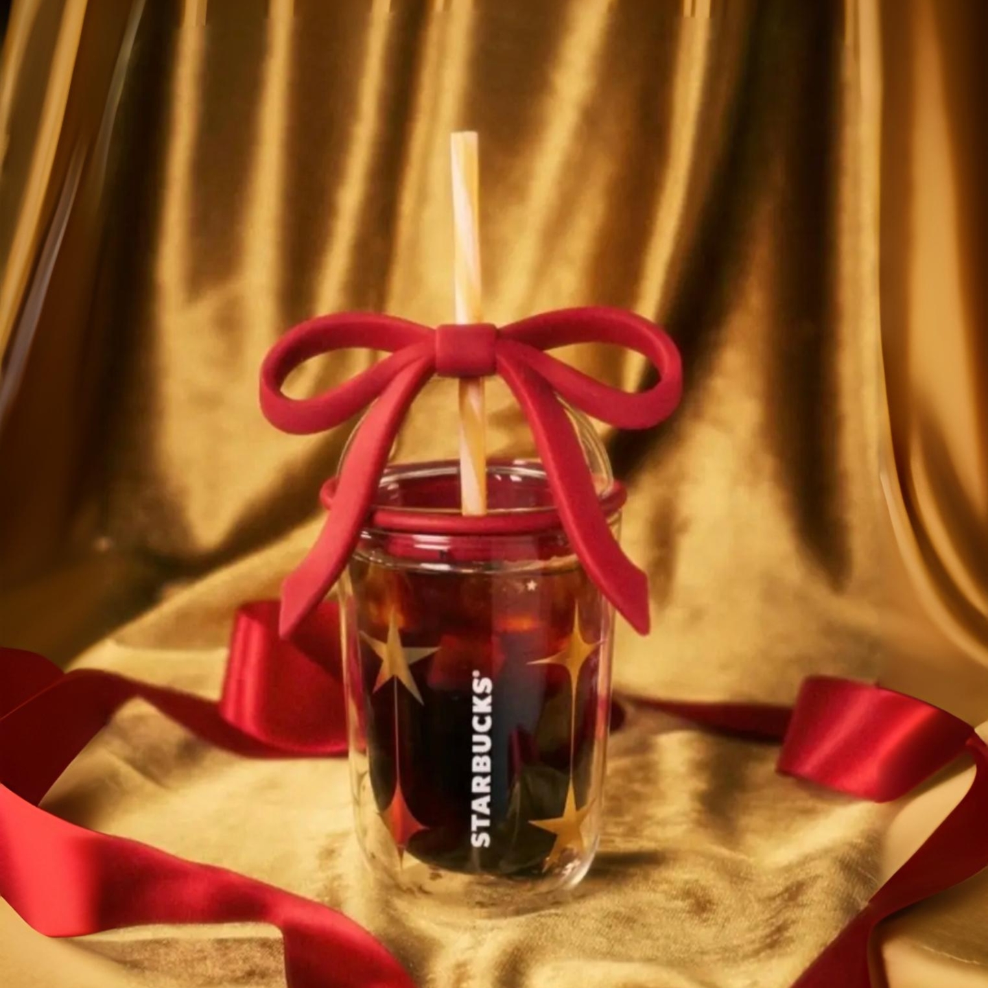星巴克杯子2025圣诞节暖意融融系列蝴蝶结双层玻璃吸管杯节日礼物