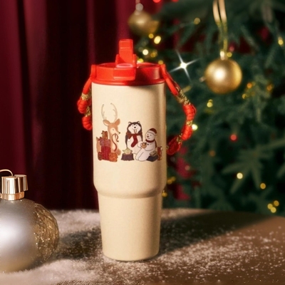 星巴克杯子2025圣诞节暖意融融系列双饮口不锈钢随行杯配编织拎绳