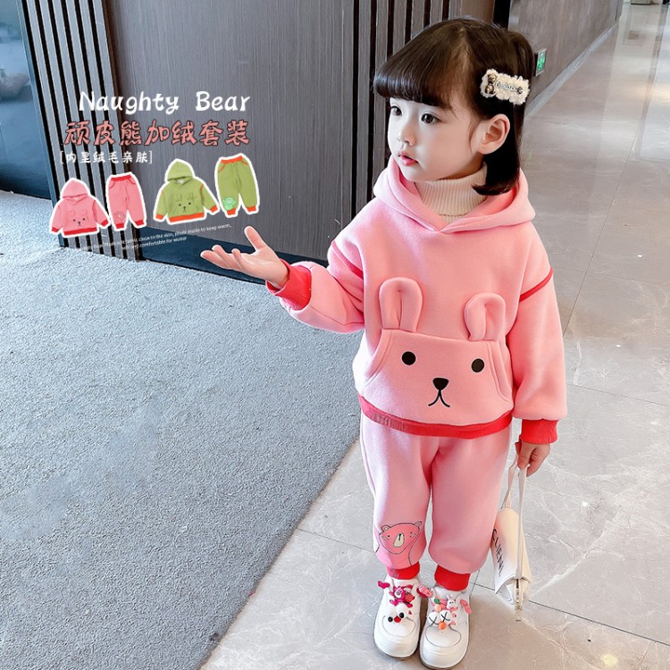 女童加绒卫衣两件套秋冬装洋气小童纯棉连帽加厚宝宝休闲运动套装
