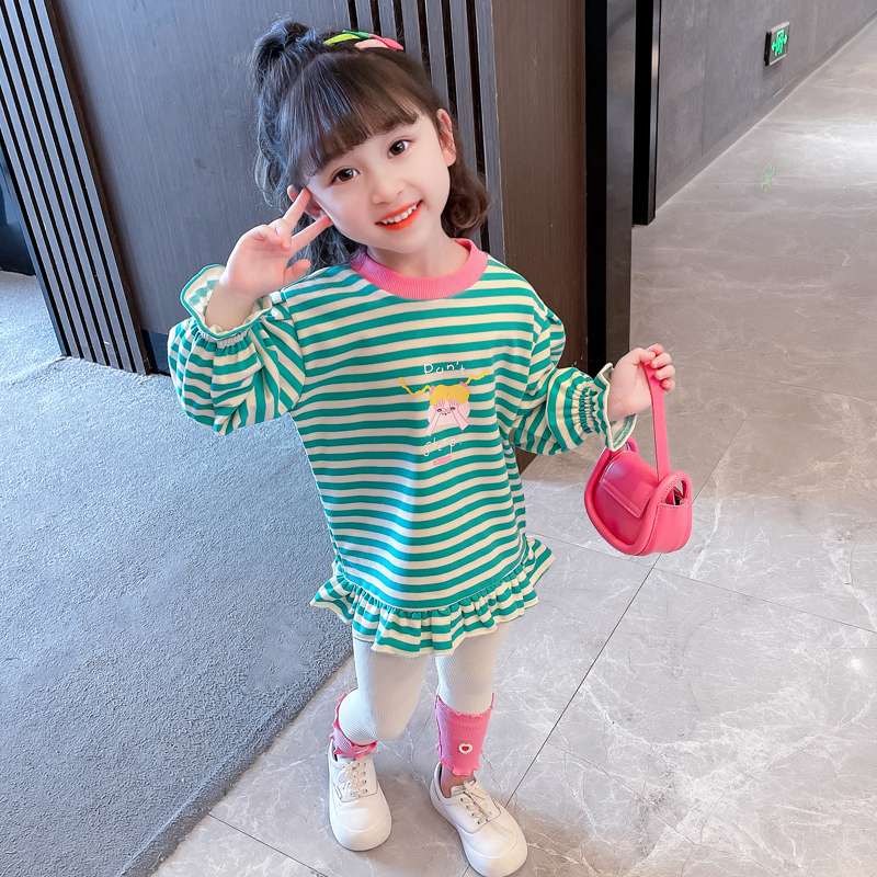 女童卫衣套装2023儿童秋装洋气宝宝条纹中长款小童打底裤两件套潮