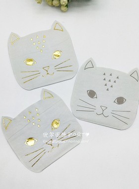 烫金灰色猫咪纸巾可爱猫咪头像餐巾纸幼儿园学校活动主题派对装饰