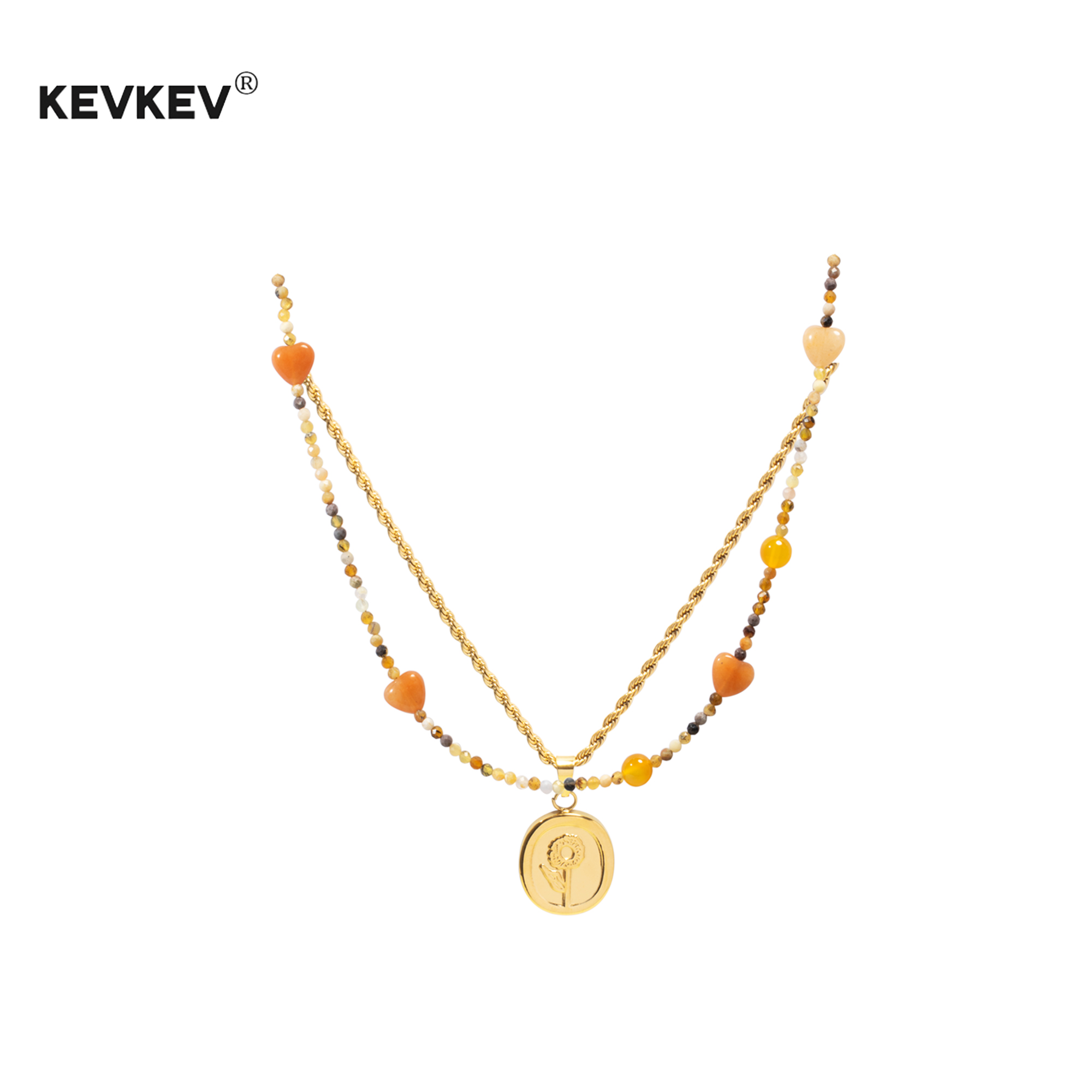 kevkev新款复古双层彩色串珠锁骨链轻奢小众向日葵吊坠项链女礼物