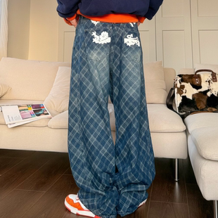 阔腿直筒宽松可调节腰围街头潮牌 美式 获衣局 菱形格纹印花牛仔裤