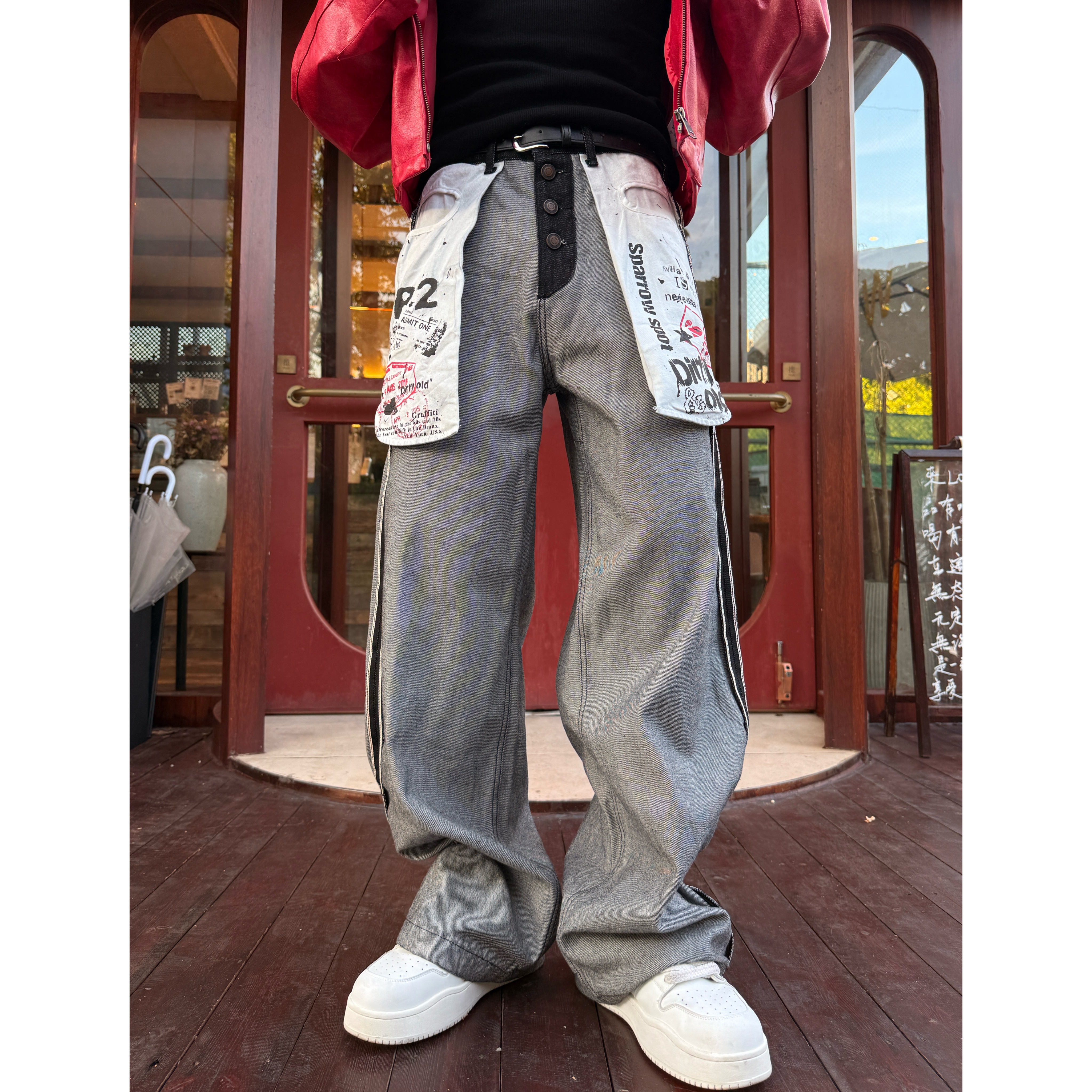 获衣局美式创意反面直筒牛仔裤