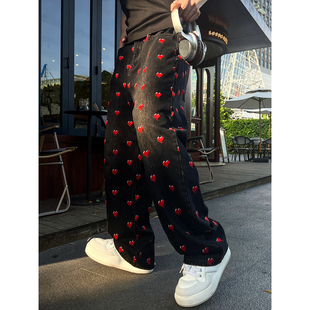 复古宽松休闲时尚 男女秋重工桃心刺绣美式 原创设计 牛仔裤 获衣局