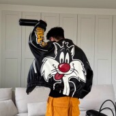 获衣局机车外套崔弟和傻猫贴布绣秋冬美式 街头宽松翻领PU皮衣短款