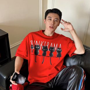 街头宽松趣味动物小黑猫印花多巴胺圆领T恤 夏季 获衣局 小炸毛