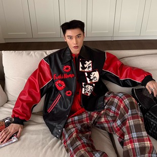 获衣局PU皮夹克外套小姐卡通刺绣印花宽松休闲情侣男女同款 棒球服