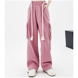 同款 获衣局 长裤 裤 宽松阔腿松紧腰高腰重工 粉色拉链口袋拼接工装