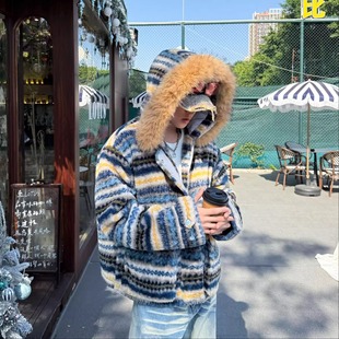 外套冬季 复古连帽大毛领保暖短款 加厚棉服 条纹撞色美式 棉衣男女款