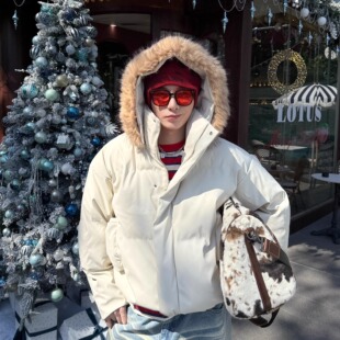 获衣局-白色棉服大毛领美式宽松休闲短款外套韩系简约情侣冬保暖