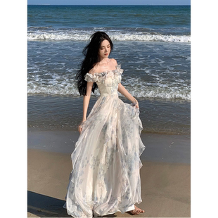 正品 海边度假沙滩裙网纱仙女 法式 甜美荷叶边碎花吊带连衣裙女夏季