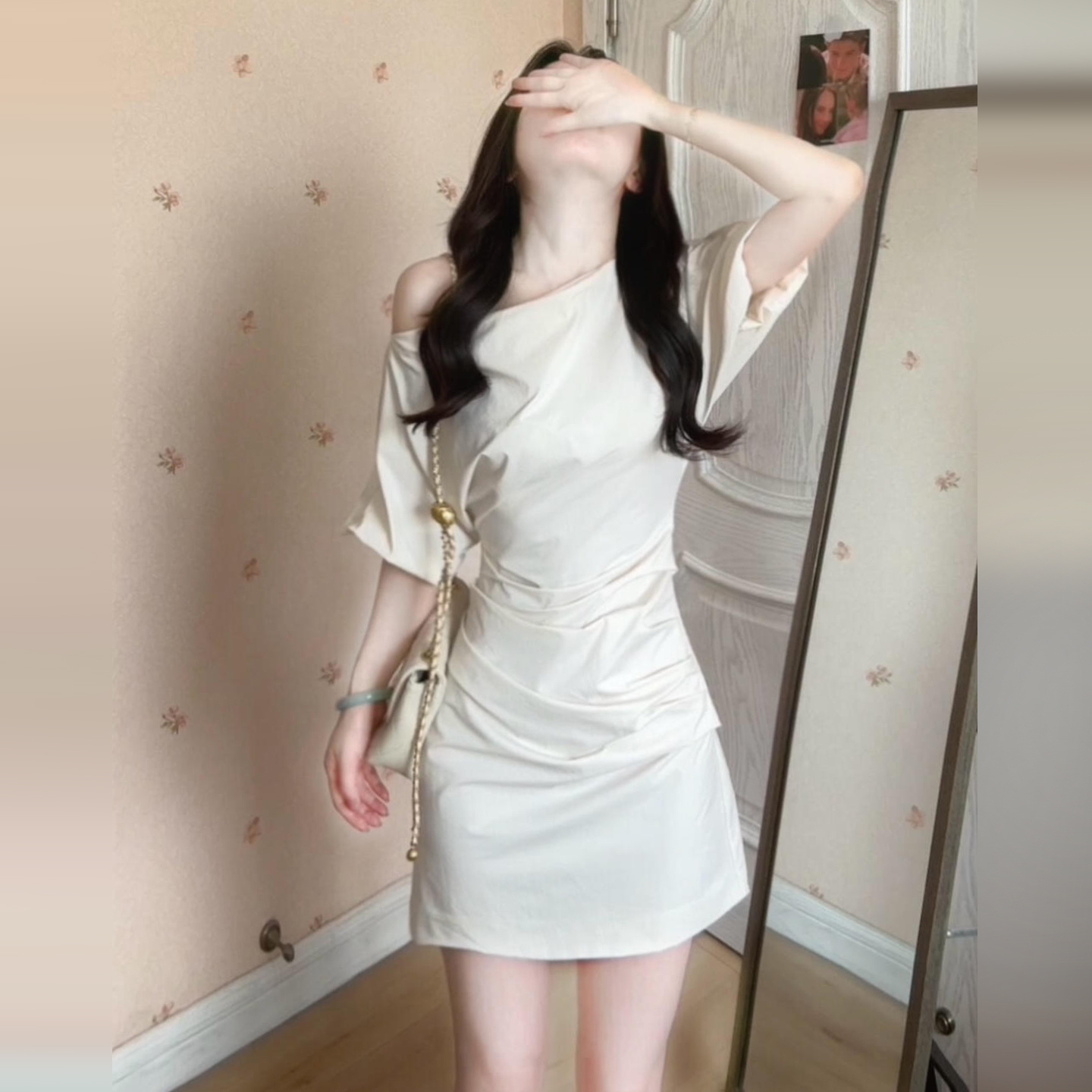 正品独特漂亮掐腰斜肩连衣裙子女夏季2025新款今年流行爆款后妈包