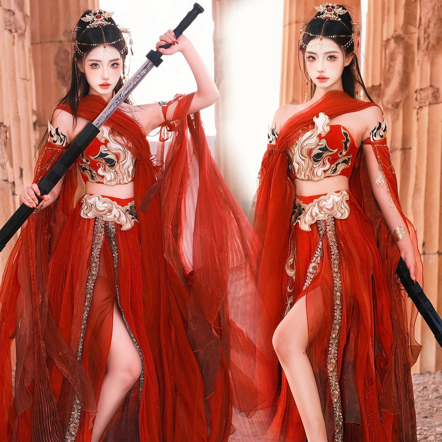 敦煌飞天沙漠写真圣火令汉服女红色西域公主旅拍摄影异域风情服装