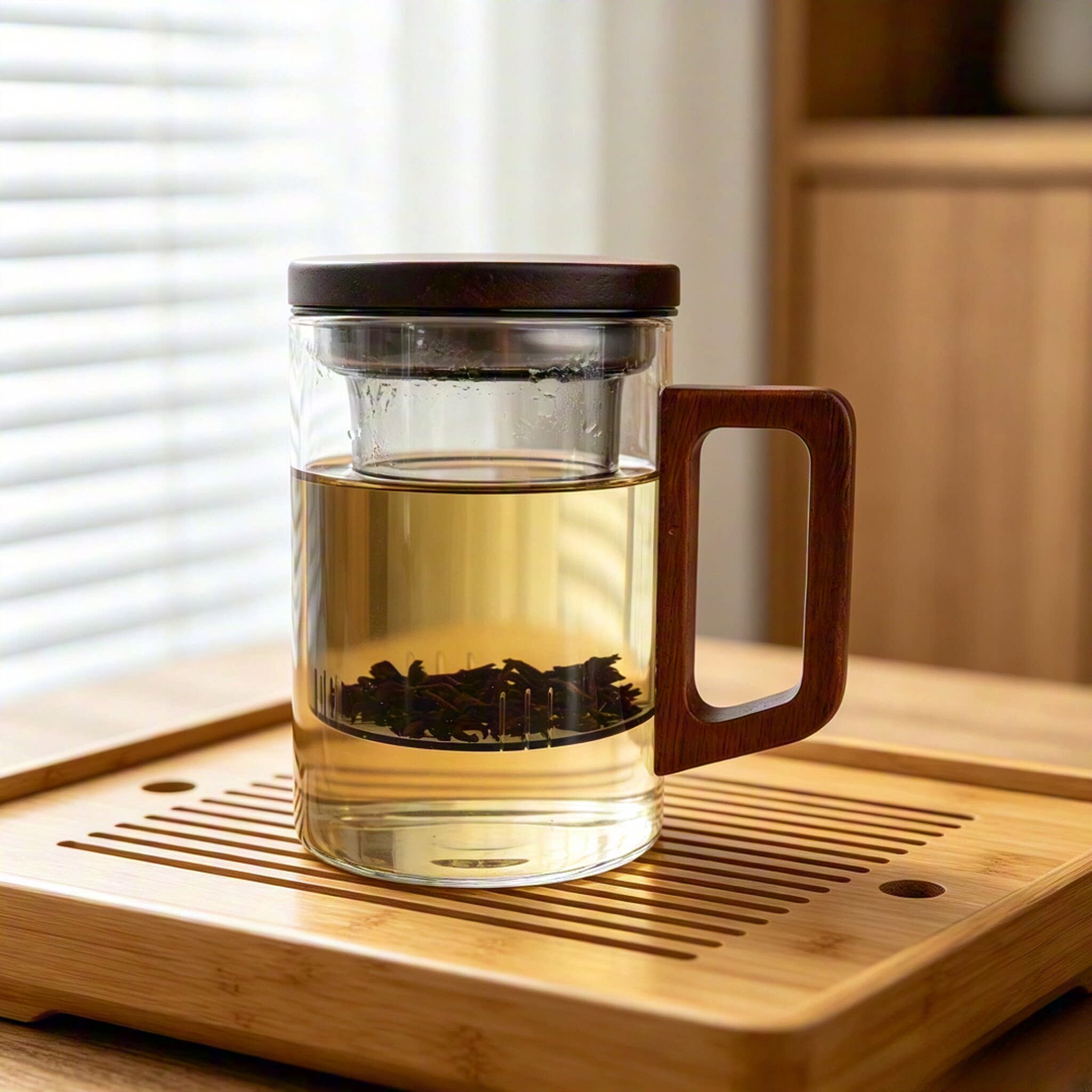 一键滤茶木柄玻璃杯耐热防烫