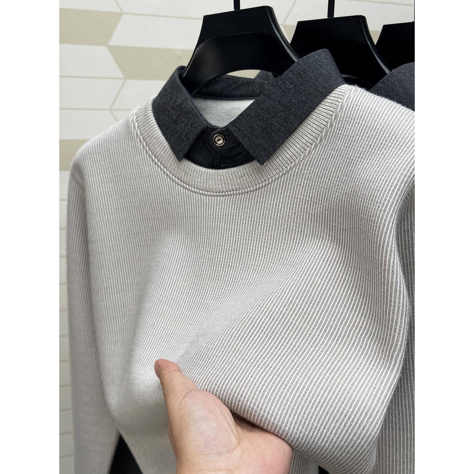 加绒加厚假两件针织衫男冬装中青年衬衫领打底衫纯色内搭保暖毛衣