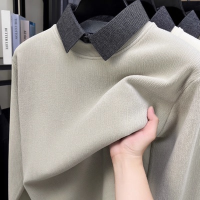 丝绒衬衫领假两件卫衣男款加绒加厚秋冬季中年纯色百搭上衣服内搭