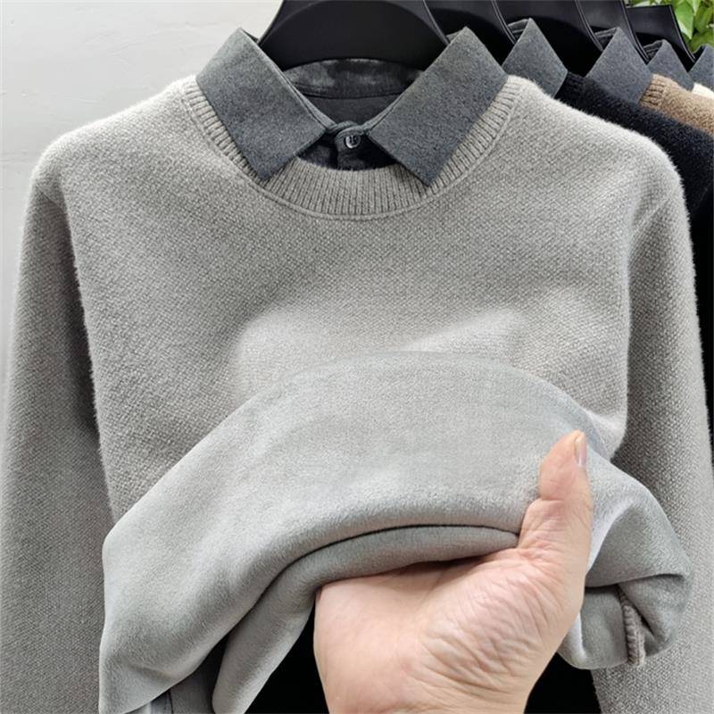 【一体绒】衬衫领假两件毛衣男加厚加绒保暖上衣雪尼尔针织打底衫