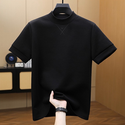 曼巴棉短袖男t恤半高领纯色打底衫2024秋冬男装中领内搭休闲上衣