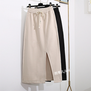 前开叉毛呢半身裙2024秋冬新款 高腰中长显瘦遮胯休闲直筒呢子长裙