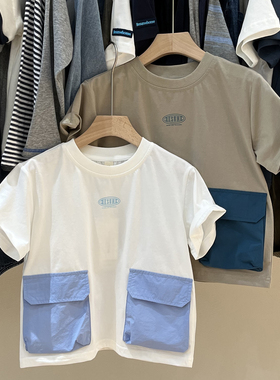 RESUMEHOME简历童装夏季新男童口袋工装短袖T恤儿童白色圆领半袖