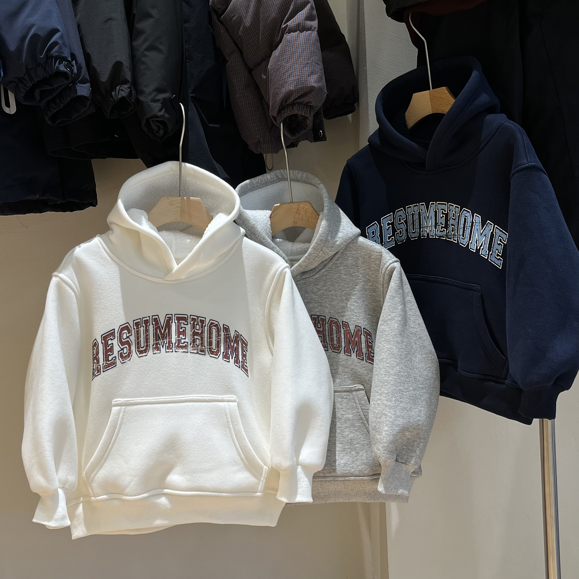 RESUMEHOME简历童装冬季儿童加绒连帽卫衣宝宝加厚保暖柔软帽衫