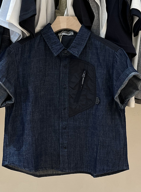 RESUMEHOME简历家童装夏季男童牛仔短袖衬衫儿童水洗拼接牛仔衬衣