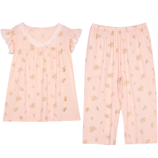 2025夏天新款无袖七分裤套装竹纤维睡衣飞袖甜美蕾丝宽松短裤凉快