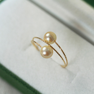 甜甜的蜂蜜金18k金日本极光无暇海水akoya羽黄金珍珠戒指弹力多圈