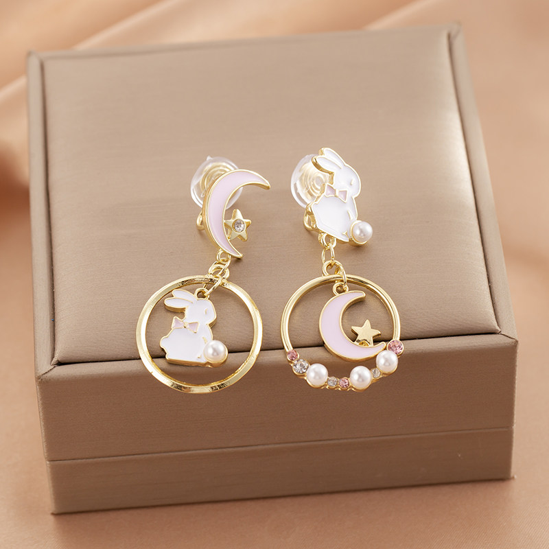 可爱甜美粉色月亮兔子长款不对称百搭耳环耳钉女蚊香盘耳夹无耳洞,饰品/流行首饰/时尚饰品新,耳夹,淘宝优惠券,粉丝福利购,淘宝优惠卷
