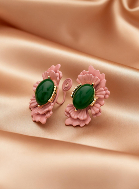 蚊香盘粉色花朵耳钉绿色仿宝石耳环复古高级感耳饰气质名媛风耳夹