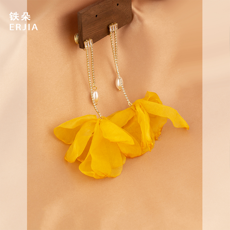 氛围感雪纺布耳环超仙气质百搭时尚花朵耳饰耳钉蚊香盘耳夹无耳洞