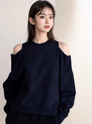 100%空气棉春秋女士学生卫衣上衣外套露肩长袖宽松休闲百搭运动