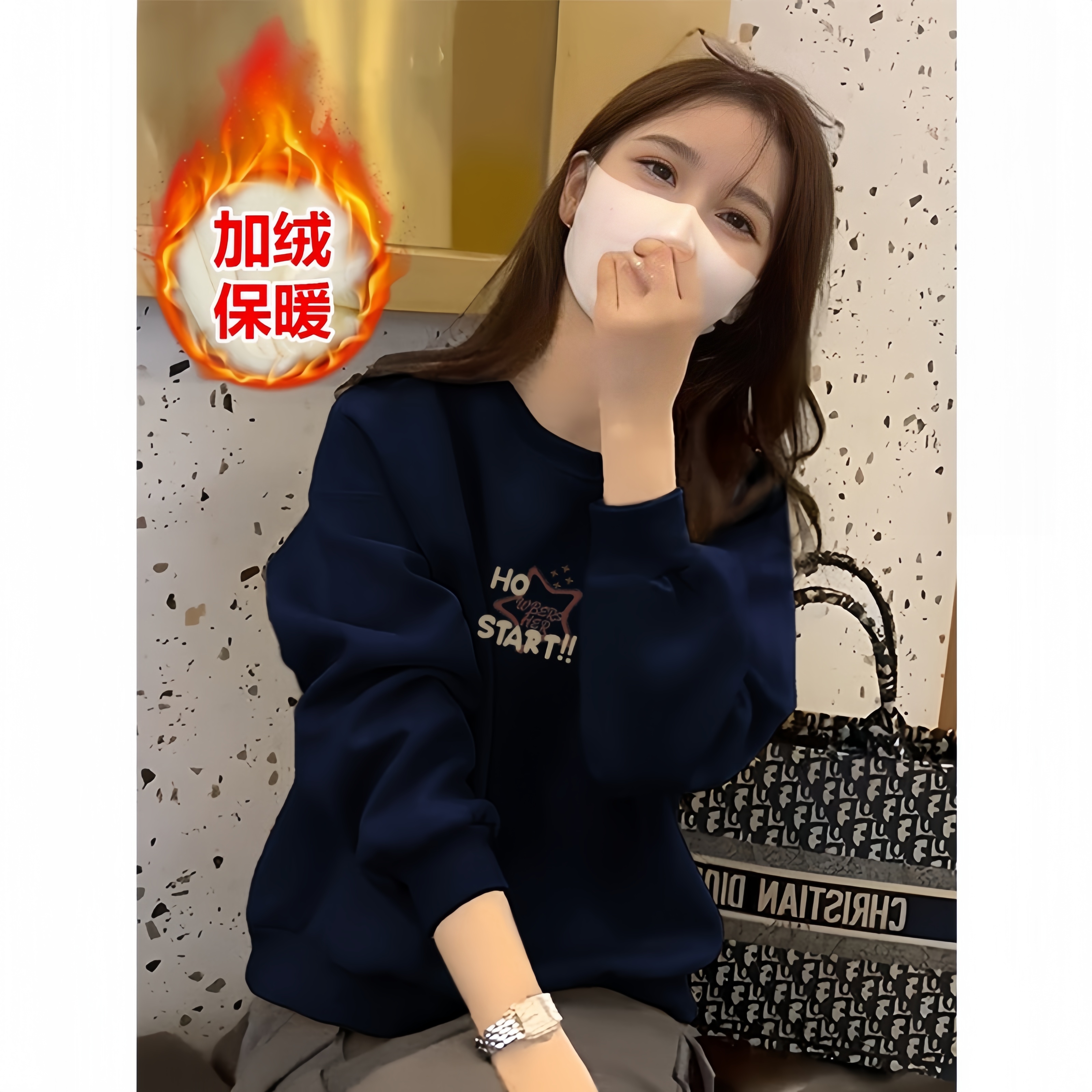 大牌圆领加绒加厚卫衣女